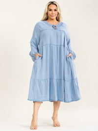 PLUS SIZE LONG SLEEVE FRONT POCKETS TIERED CHAMBRAY MAXI DRESS