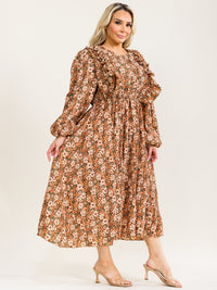 PLUS SIZE LONG SLEEVE BUTTON UP ELASTIC WAIST FLORAL PLEATED MAXI DRESS
