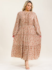 PLUS SIZE LONG SLEEVE BUTTON UP ELASTIC WAIST FLORAL TIERED MAXI DRESS