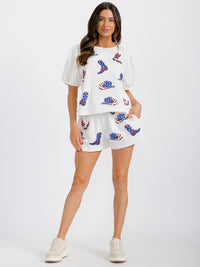 WOMEN'S SHORT SLEEVE TOP & ELASTIC WAIST MINI SHORT GRAPHIC 2PC. SET