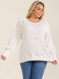 PLUS SIZE LONG SLEEVE EMBROIDERY FLORAL PULLOVER SWEATER