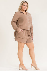 PLUS SIZE LONG SLEEVE BUTTON UP TOP & ELASTIC WAIST MINI SHORTS 2PC. SET