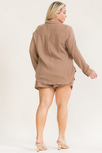 PLUS SIZE LONG SLEEVE BUTTON UP TOP & ELASTIC WAIST MINI SHORTS 2PC. SET