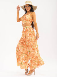 WOMEN'S SLEEVELESS SMOCK CROP TOP & ZIP UPWIDE LEG PANTS FLORAL 2PC. SET