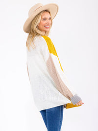 WOMEN'S LONG SLEEVE BUTTON CLOSURE FRONT POCKETS COLORBLOCK KNITTED CARDIGAN