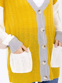 WOMEN'S LONG SLEEVE BUTTON CLOSURE FRONT POCKETS COLORBLOCK KNITTED CARDIGAN