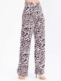 WOMEN'S BUTTON CLOSURE BACK POCKETS WIDE LEG HEARTS ANIMAL PRINT PANTS