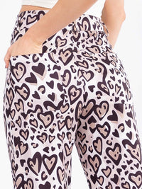 WOMEN'S BUTTON CLOSURE BACK POCKETS WIDE LEG HEARTS ANIMAL PRINT PANTS