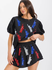 WOMEN'S SHORT SLEEVE TOP & ELASTIC WAIST MINI SHORT SEQUINS 2PC. SET