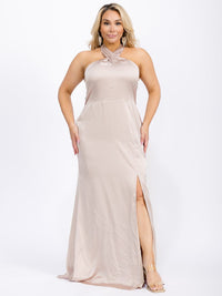 PUS SIZE SLEEVELESS HALTER NECK FRONT SLIT OPEN BACK MAXI GOWN DRESS