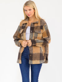 WOMEN'S LONG SLEEVE BUTTON CLOSURE FRONT POCKETS PLAID JACKET
