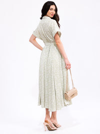 WOMEN'S SHORT SLEEVE ELASTIC WAIST SELF TIE POCKETS FLORAL PRINT MAXI DRESS