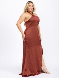 PUS SIZE SLEEVELESS HALTER NECK FRONT SLIT OPEN BACK MAXI GOWN DRESS