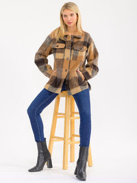 WOMEN'S LONG SLEEVE BUTTON CLOSURE FRONT POCKETS PLAID JACKET