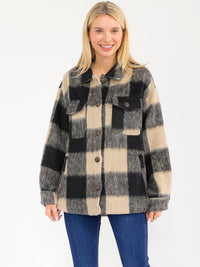 WOMEN'S LONG SLEEVE BUTTON CLOSURE FRONT POCKETS PLAID JACKET
