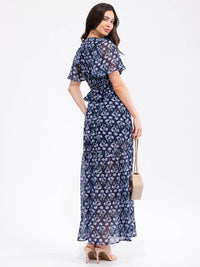 WOMEN'S SHORT SLEEVE V-NECK SELF TIE FLORAL PRINT MAXI DRESS