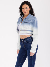 WOMEN'S LONG SLEEVE BUTTON CLOSURE TIE DYE CROP STRETCH DENIM JACKET