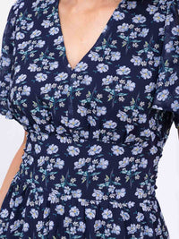 WOMEN'S SHORT SLEEVE V-NECK SELF TIE FLORAL PRINT MAXI DRESS