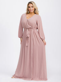 PUS SIZE LONG SLEEVE SELF TIE SURPLICE MAXI GOWN DRESS