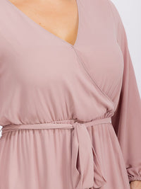 PUS SIZE LONG SLEEVE SELF TIE SURPLICE MAXI GOWN DRESS