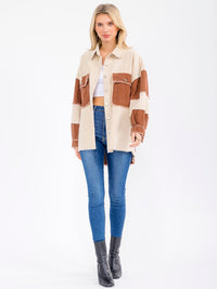 WOMEN'S LONG SLEEVE BUTTON CLOSURE FRONT POCKETS COLORBLOCK CORDUROY SHACKET