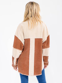 WOMEN'S LONG SLEEVE BUTTON CLOSURE FRONT POCKETS COLORBLOCK CORDUROY SHACKET