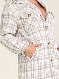 WOMEN'S LONG SLEEVE BUTTON CLOSURE FRONT POCKETS TWEED PLAID COAT