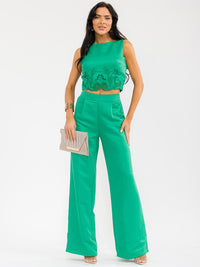 WOMEN'S SLEEVELESS SMOCK CROP TOP & ZIP UP WIDE LEG PANTS CROCHET DETAILED 2PC. SET