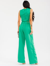 WOMEN'S SLEEVELESS SMOCK CROP TOP & ZIP UP WIDE LEG PANTS CROCHET DETAILED 2PC. SET