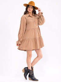 WOMEN'S LONG SLEEVE BUTTON UP POCKETS TIERED CORDUROY MINI DRESS
