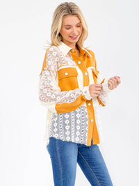 WOMEN'S LONG SLEEVE BUTTON UP COLORBLOCK CROCHET BLOUSE