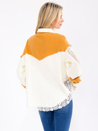 WOMEN'S LONG SLEEVE BUTTON UP COLORBLOCK CROCHET BLOUSE