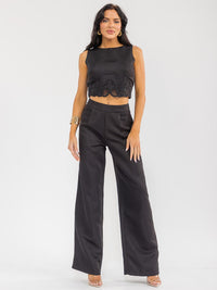 WOMEN'S SLEEVELESS SMOCK CROP TOP & ZIP UP WIDE LEG PANTS CROCHET DETAILED 2PC. SET