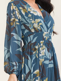 WOMEN'S LONG SLEEVE SURPLICE ELASTIC WAIST FLORAL PRINT MAXI DRESS