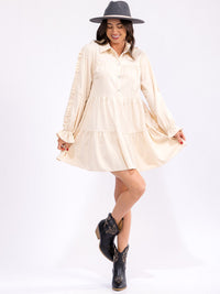 WOMEN'S LONG SLEEVE BUTTON UP POCKETS TIERED CORDUROY MINI DRESS