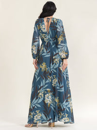 WOMEN'S LONG SLEEVE SURPLICE ELASTIC WAIST FLORAL PRINT MAXI DRESS