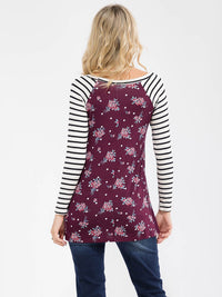 WOMEN'S 3/4 SLEEVE COLORBLOCK CONTRAST FLORAL STRIPES TOP