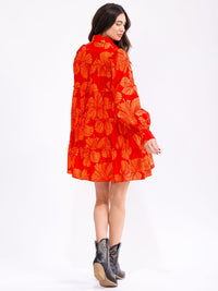 WOMEN'S LONG PUFF SLEEVE BUTTON UP POCKETS TIERED FLORAL MINI DRESS