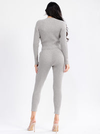 WOMEN'S LONG SLEEVE SURPLICE SELF TIE FRONT POCKETS SKINNY RIBBED JUMPSUIT