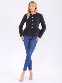 WOMEN'S LONG SLEEVE BUTTON UP PEPLUM BLOUSE