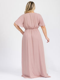 PUS SIZE SHORT SLEEVE V-NECK SURPLICE FRONT SLIT MAXI GOWN DRESS