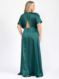 PUS SIZE SHORT SLEEVE V-NECK OPEN BACK MAXI GOWN DRESS