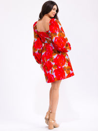 WOMEN'S LONG PUFF SLEEVE SMOCK POCKETS TIERED MULTI PRINT MINI DRESS