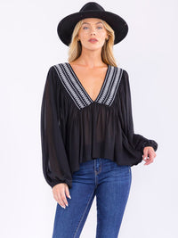 WOMEN'S LONG SLEEVE V-NECK OPEN BACK BLOUSE