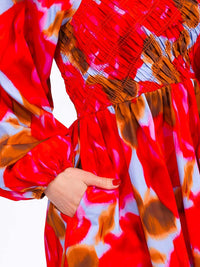 WOMEN'S LONG PUFF SLEEVE SMOCK POCKETS TIERED MULTI PRINT MINI DRESS