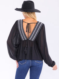 WOMEN'S LONG SLEEVE V-NECK OPEN BACK BLOUSE