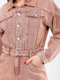 WOMEN'S LONG SLEEVE BUTTON UP POCKETS WASHED DENIM MINI DRESS