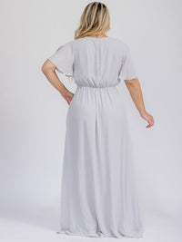PUS SIZE SHORT SLEEVE V-NECK SURPLICE FRONT SLIT MAXI GOWN DRESS