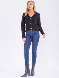WOMEN'S LONG SLEEVE BUTTON CLOSURE V-NECK RIBBED TOP