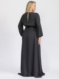 PUS SIZE LONG SLEEVE SELF TIE SURPLICE MAXI GOWN DRESS